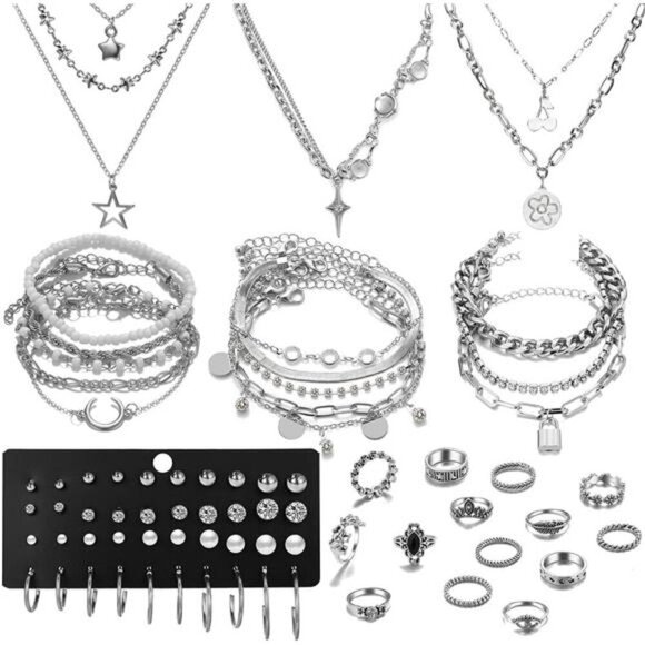 37pcs Silver Jewelry Set With 3 PCS Necklace, 14 PCS Bracelet, 7 PCS Ear Cuffs - Picture 1 of 7
